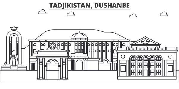 Таджикистану, Душанбе архітектури лінію горизонту ілюстрації. Лінійний вектор міський пейзаж з знамениті визначні пам'ятки, визначні пам'ятки, дизайн ікон. Краєвид з можна редагувати штрихи — стоковий вектор