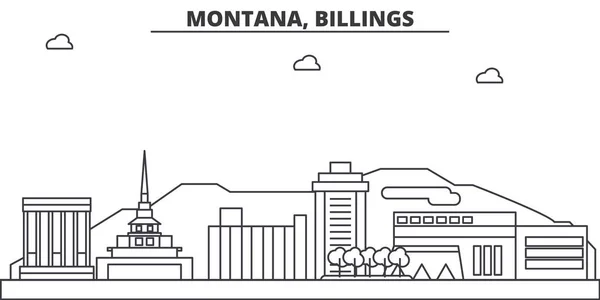 Montana, Billings arquitectura línea skyline ilustración. Paisaje urbano vector lineal con monumentos famosos, lugares de interés de la ciudad, iconos de diseño. Paisaje con trazos editables — Vector de stock