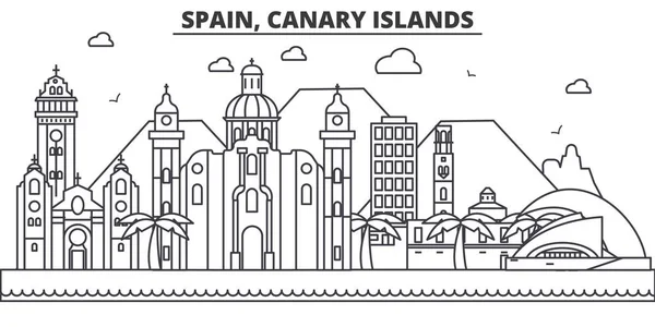 Spanje, Canarische eilanden het platform lijn skyline illustratie. Lineaire vector stadsgezicht met beroemde bezienswaardigheden, de bezienswaardigheden van de stad, iconen ontwerp. Landschap met bewerkbare lijnen — Stockvector