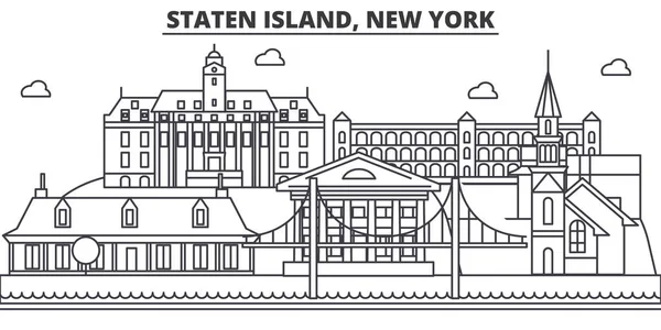 Staten Island, New York architektura linie Panorama ilustrace. Lineární vektorové panoráma s slavných památek, pamětihodností města, ikony designu. Krajina s upravitelnou tahy — Stockový vektor