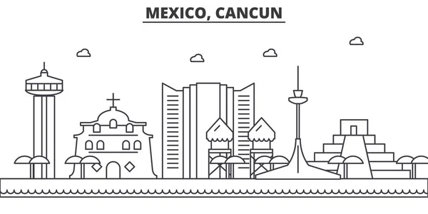 Mexico, Cancun architecture line skyline illustration. Linear vector cityscape with famous landmarks, city sights, design icons. Landscape wtih editable strokes — Stock Vector