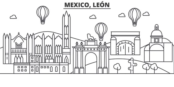 Mexikó, Leon építészet vonal városkép illusztráció. Lineáris vektor városkép híres tereptárgyak, a város nevezetességeit, a design ikonok. Szerkeszthető stroke — Stock Vector