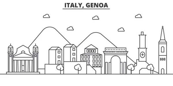 Италия, Genoa architecture line skyline illustration. Линейный вектор города с известными достопримечательностями, городскими достопримечательностями, дизайнерскими решениями. Ландшафт с редактируемыми штрихами — стоковый вектор