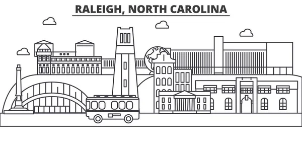 Raleigh, Carolina do Norte linha de arquitetura skyline ilustração. Cityscape vector linear com marcos famosos, pontos turísticos da cidade, ícones de design. Paisagem wtih traços editáveis — Vetor de Stock