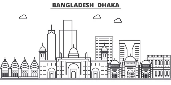 Bangladesh, línea de arquitectura Dhaka skyline ilustración. Paisaje urbano vector lineal con monumentos famosos, lugares de interés de la ciudad, iconos de diseño. Paisaje con trazos editables — Vector de stock