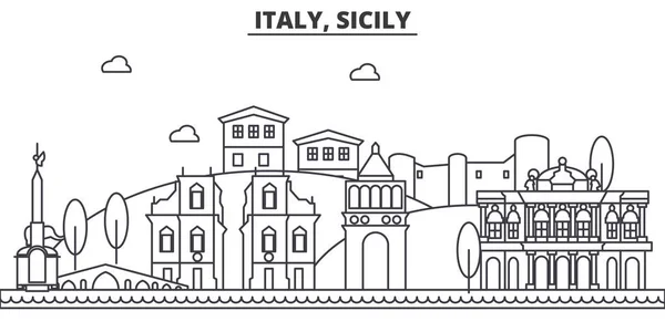 Italia, Sicilia línea de arquitectura skyline ilustración. Paisaje urbano vector lineal con monumentos famosos, lugares de interés de la ciudad, iconos de diseño. Paisaje con trazos editables — Vector de stock