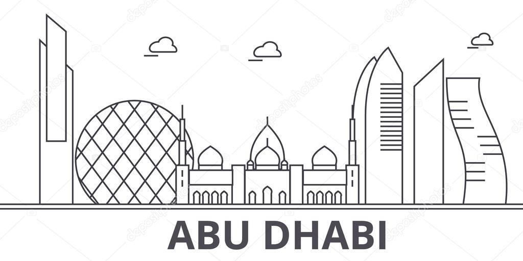 Abu Dhabi architecture line skyline illustration. Linear vector cityscape with famous landmarks, city sights, design icons. Landscape wtih editable strokes