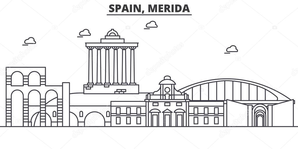 Spain, Merida architecture line skyline illustration. Linear vector cityscape with famous landmarks, city sights, design icons. Landscape wtih editable strokes