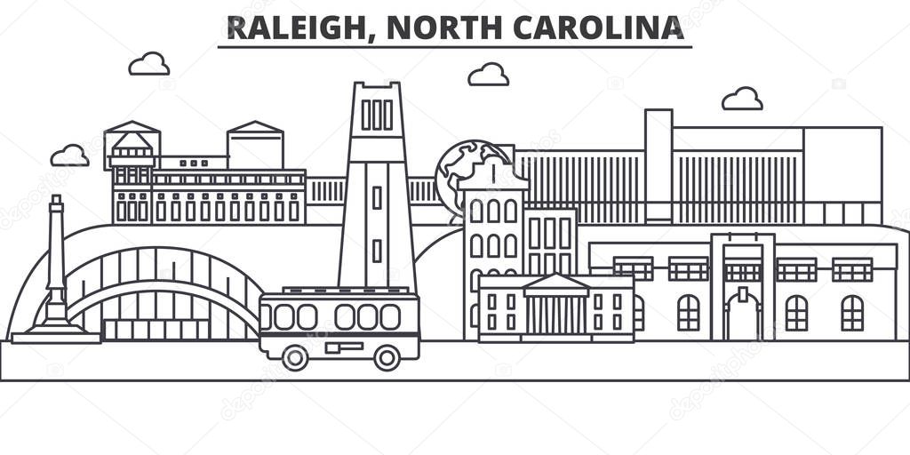 Raleigh, North Carolina architecture line skyline illustration. Linear vector cityscape with famous landmarks, city sights, design icons. Landscape wtih editable strokes