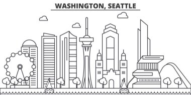 Washington, Seattle mimari satır manzarası illüstrasyon. Doğrusal vektör cityscape ünlü simge, şehir manzaraları, tasarım simgeler. Düzenlenebilir darbeleri ile manzara