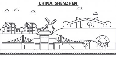 Çin, Shenzhen mimari satır manzarası illüstrasyon. Doğrusal vektör cityscape ünlü simge, şehir manzaraları, tasarım simgeler. Düzenlenebilir darbeleri ile manzara