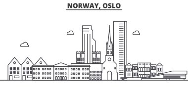 Norveç, Oslo mimarisi hattı siluet illüstrasyon. Ünlü simgeleri, şehir manzaraları, tasarım simgeleri ile lineer vektör cityscape. Editable vuruşlu yatay