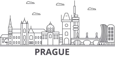 Prag mimari satır manzarası illüstrasyon. Doğrusal vektör cityscape ünlü simge, şehir manzaraları, tasarım simgeler. Düzenlenebilir darbeleri ile manzara