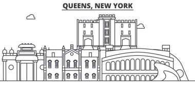 Queens, New York mimarisi satır manzarası illüstrasyon. Doğrusal vektör cityscape ünlü simge, şehir manzaraları, tasarım simgeler. Düzenlenebilir darbeleri ile manzara