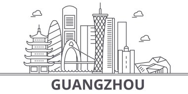 Guangzhou mimari satır manzarası illüstrasyon. Doğrusal vektör cityscape ünlü simge, şehir manzaraları, tasarım simgeler. Düzenlenebilir darbeleri ile manzara