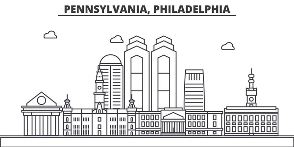 Pennsylvania, Filadelfia línea de arquitectura skyline ilustración. Paisaje urbano vector lineal con monumentos famosos, lugares de interés de la ciudad, iconos de diseño. Paisaje con trazos editables — Vector de stock