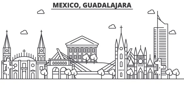 México, Guadalajara arquitectura línea skyline ilustración. Paisaje urbano vector lineal con monumentos famosos, lugares de interés de la ciudad, iconos de diseño. Paisaje con trazos editables — Vector de stock
