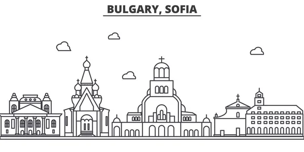 Bulgária, Sofia arquitetura linha skyline ilustração. Cityscape vector linear com marcos famosos, pontos turísticos da cidade, ícones de design. Paisagem wtih traços editáveis —  Vetores de Stock