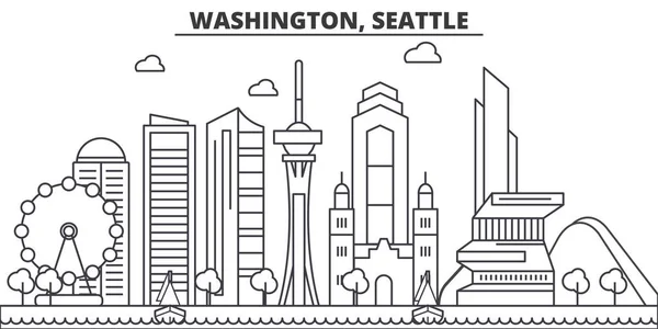 Washington, Seattle architecture line skyline illustration. Paisaje urbano vector lineal con monumentos famosos, lugares de interés de la ciudad, iconos de diseño. Paisaje con trazos editables — Vector de stock