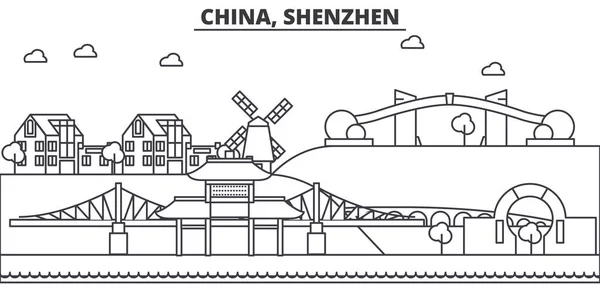 中国，深圳建筑线天际线图。线性向量的景观，如著名的地标，市内的旅游景点，设计图标。景观与可编辑笔触 — 图库矢量图片
