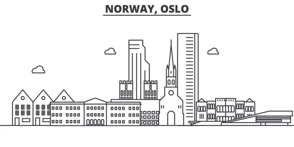 Норвегия, архитектурная линия Осло, иллюстрация горизонта. Линейный вектор города с известными достопримечательностями, городскими достопримечательностями, дизайнерскими решениями. Ландшафт с редактируемыми штрихами — стоковый вектор