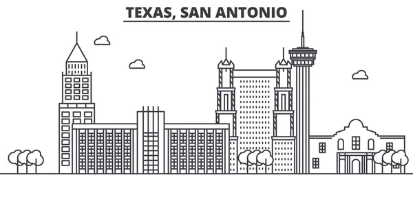 Texas San Antonio architektura linii skyline ilustracja. Liniowy wektor gród z słynnych zabytków, atrakcji, ikony designu. Krajobraz z edytowalnych obrysy — Wektor stockowy