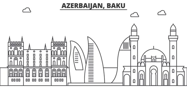 Ázerbájdžán, Baku architektura linie Panorama ilustrace. Lineární vektorové panoráma s slavných památek, pamětihodností města, ikony designu. Krajina s upravitelnou tahy — Stockový vektor