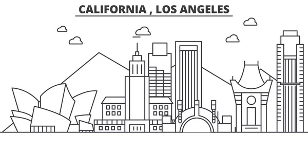 California Los Angeles arquitetura linha skyline ilustração. Cityscape vector linear com marcos famosos, pontos turísticos da cidade, ícones de design. Paisagem wtih traços editáveis —  Vetores de Stock