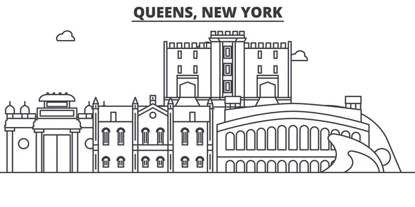 Queens, New York architektura linie Panorama ilustrace. Lineární vektorové panoráma s slavných památek, pamětihodností města, ikony designu. Krajina s upravitelnou tahy — Stockový vektor
