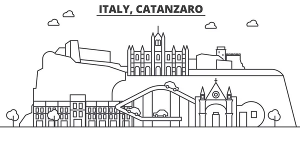 Italie, Catanzaro architecture ligne d'horizon illustration. Paysage urbain vectoriel linéaire avec des monuments célèbres, des sites de la ville, des icônes de design. Paysage wtih coups modifiables — Image vectorielle