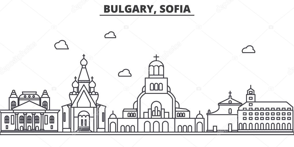 Bulgaria, Sofia architecture line skyline illustration. Linear vector cityscape with famous landmarks, city sights, design icons. Landscape wtih editable strokes