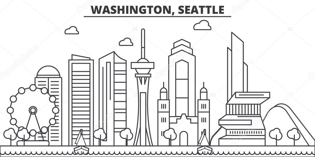 Washington, Seattle architecture line skyline illustration. Linear vector cityscape with famous landmarks, city sights, design icons. Landscape wtih editable strokes