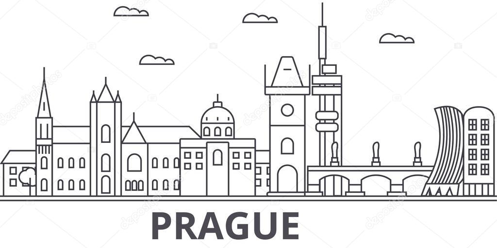 Prague architecture line skyline illustration. Linear vector cityscape with famous landmarks, city sights, design icons. Landscape wtih editable strokes