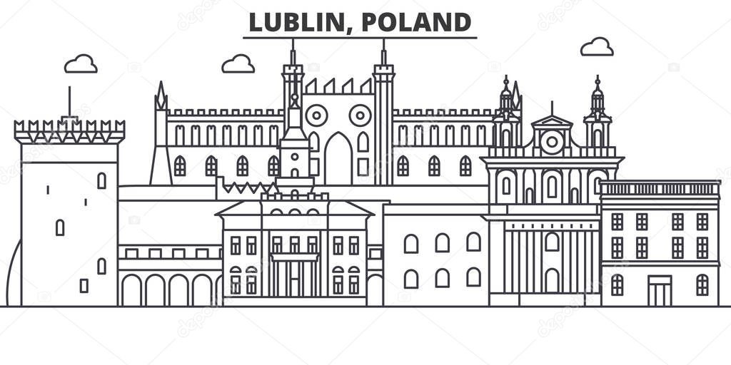 Poland, Lublin architecture line skyline illustration. Linear vector cityscape with famous landmarks, city sights, design icons. Landscape wtih editable strokes