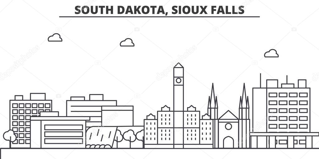 South Dakota, Sioux Falls architecture line skyline illustration. Linear vector cityscape with famous landmarks, city sights, design icons. Landscape wtih editable strokes