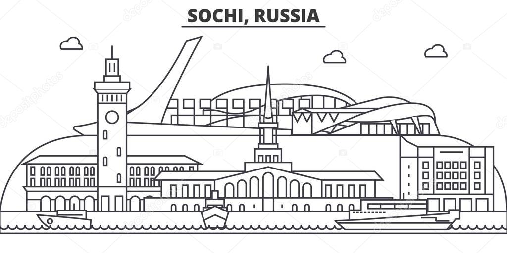 Russia, Sochi architecture line skyline illustration. Linear vector cityscape with famous landmarks, city sights, design icons. Landscape wtih editable strokes