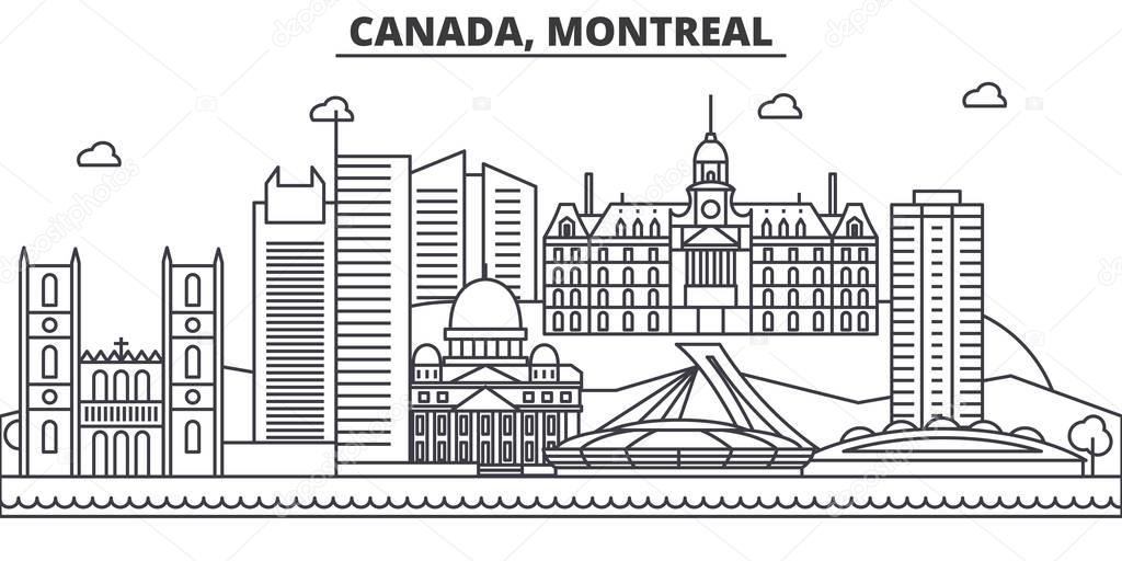 Canada, Montreal architecture line skyline illustration. Linear vector cityscape with famous landmarks, city sights, design icons. Landscape wtih editable strokes