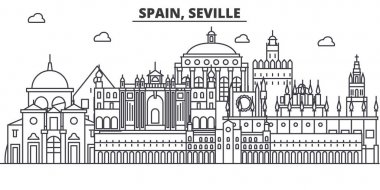 İspanya, Seville mimari satır manzarası illüstrasyon. Doğrusal vektör cityscape ünlü simge, şehir manzaraları, tasarım simgeler. Düzenlenebilir darbeleri ile manzara