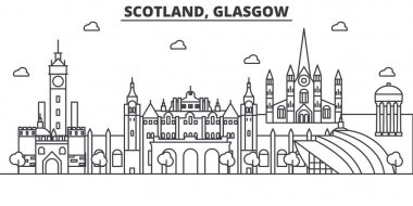 İskoçya, Glasgow mimari satır manzarası illüstrasyon. Doğrusal vektör cityscape ünlü simge, şehir manzaraları, tasarım simgeler. Düzenlenebilir darbeleri ile manzara
