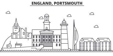 İngiltere Portsmouth mimari satır manzarası illüstrasyon. Doğrusal vektör cityscape ünlü simge, şehir manzaraları, tasarım simgeler. Düzenlenebilir darbeleri ile manzara