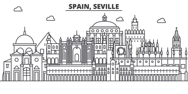 España, Sevilla línea de arquitectura skyline ilustración. Paisaje urbano vector lineal con monumentos famosos, lugares de interés de la ciudad, iconos de diseño. Paisaje con trazos editables — Vector de stock