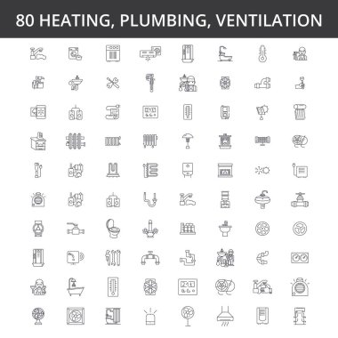 Hvac, Isıtma, Klima, havalandırma, sıhhi tesisat Servisi, kazan, evde saç kremi, mühendislik, radyatör satır simgeler, imzalar. İllüstrasyon vektör kavramı. Düzenlenebilir vuruş