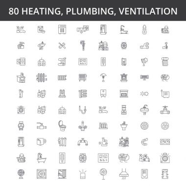 Hvac, heating, air conditioning, ventilation, plumbing service, boiler, home conditioner, engineering, radiator line icons, signs. Illustration vector concept. Editable strokes clipart