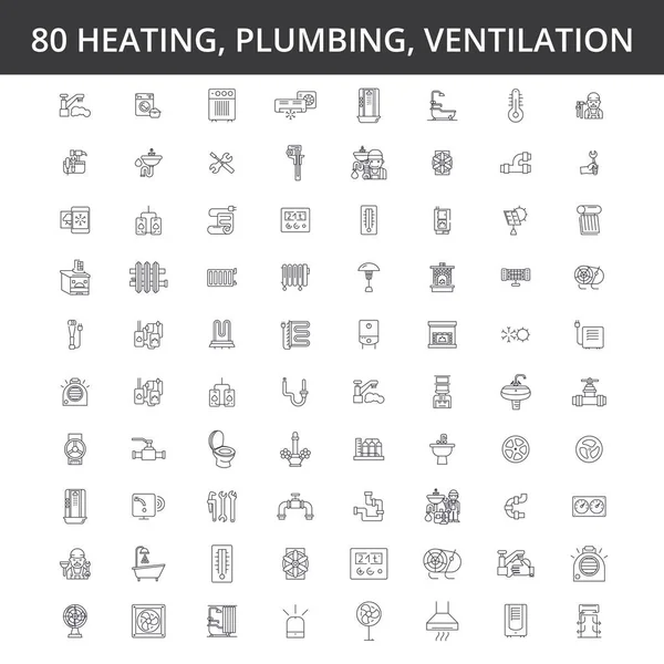 Hvac, calefacción, aire acondicionado, ventilación, servicio de plomería, caldera, acondicionador para el hogar, ingeniería, iconos de la línea del radiador, signos. Concepto de vector de ilustración. Golpes editables — Archivo Imágenes Vectoriales