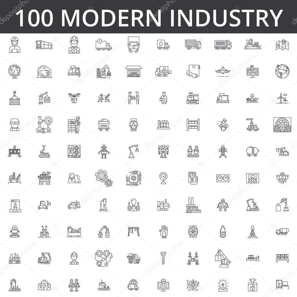 Industry, logistics, plant, warehouse, factory, engineering, construction, distribution, manufacture, heavy industrial line icons, signs. Illustration vector concept. Editable strokes