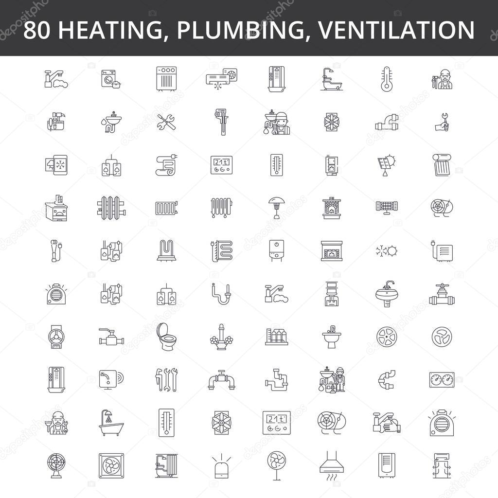 Hvac, heating, air conditioning, ventilation, plumbing service, boiler, home conditioner, engineering, radiator line icons, signs. Illustration vector concept. Editable strokes