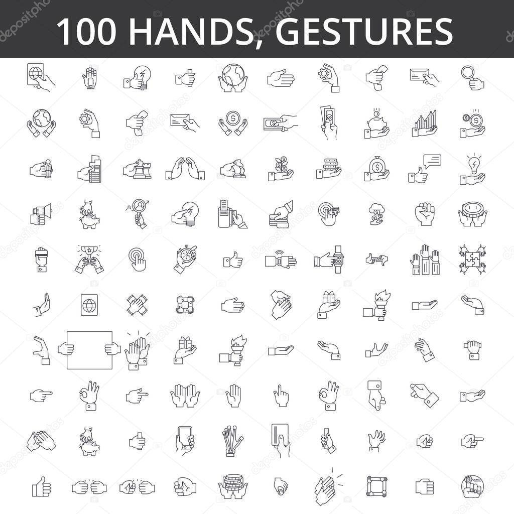 Hand gesture, touch, finger, palm, handshaking, forefinger, okey, body language, take money, pay by card line icons, signs. Illustration vector concept. Editable strokes