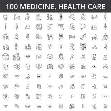 Tıp, Doktor, sağlık, hastane, modern klinik, sağlık, kardiyoloji, hastalık, göz hastalıkları, kadın hastalıkları, tıbbi therapyline simgeler, işaretler. İllüstrasyon vektör kavramı. Düzenlenebilir vuruş