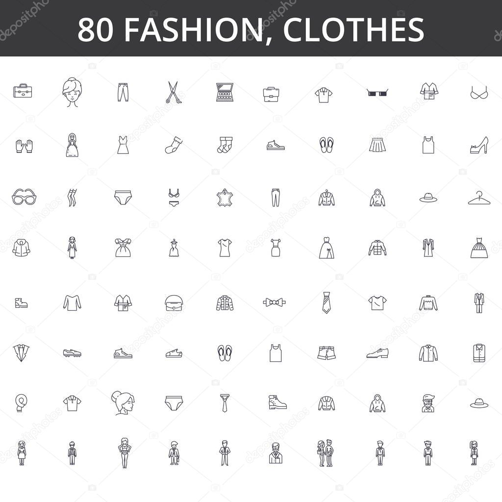 Fashion, style, clothing, clothes, female dress, men design, fashionable shirt, casual wear, wardrobe, lifestyle, sale, shop line icons, signs. Illustration vector concept. Editable strokes