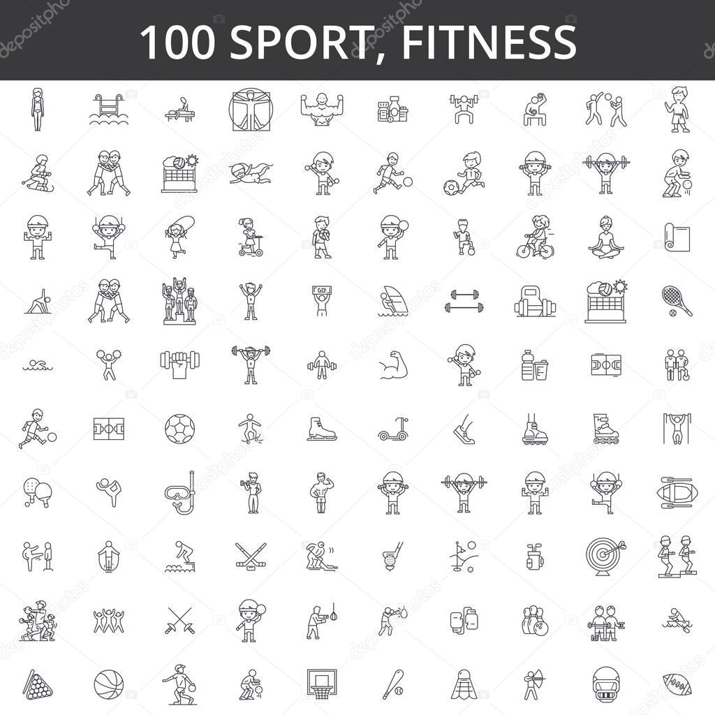 Sport, fitness, soccer, karate, football, hockey, healthy lifestyle, bodybuilding, boxing, baseball, basketball, skiing, swimming line icons, signs. Illustration vector concept. Editable strokes